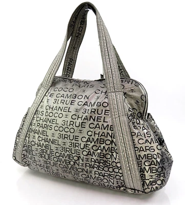 Auth CHANEL 31 RUE CAMBON Graphic Silver Nylon Tote Bag Purse #61236 - Image 1 of 4