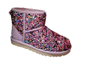 NEW WOMENS UGG CLASSIC MINI STELLAR SEQUIN LILAC FROST SHEARLING BOOTS US 7 - Picture 1 of 6