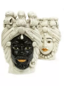 Coppia teste di moro h30 cm in ceramica di caltagirone siciliana decorata fumè - Imagen 1 de 4