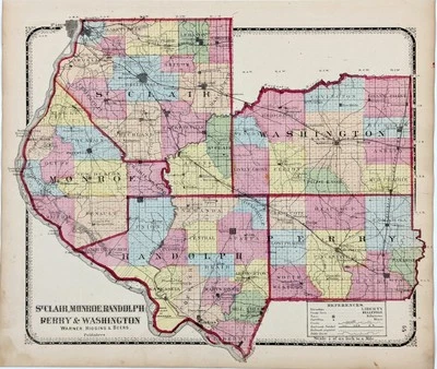 Mapa de condados de Illinois 1871 ST CLAIR RANDOLPH MONROE WASHINGTON PERRY 16X13 Foto 1 de 4