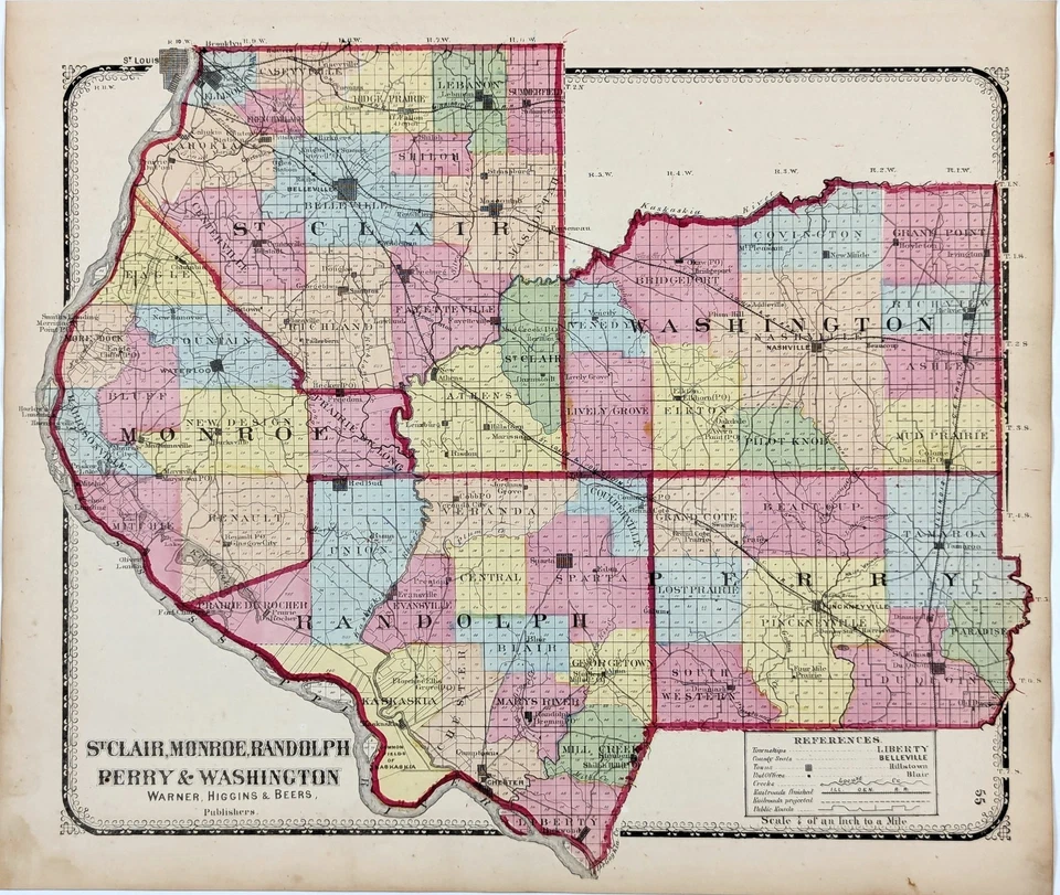 Mapa de condados de Illinois 1871 ST CLAIR RANDOLPH MONROE WASHINGTON PERRY 16X13 Foto 1 de 4