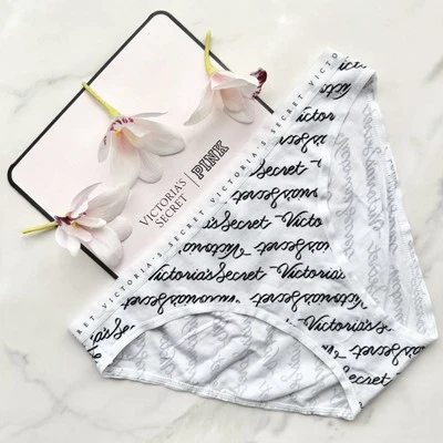Victoria's Secret Stretch Cotton Smooth Bikini Panty White Ribbon Script - Image 1 of 4