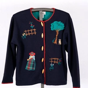 Vintage bestickte Damen Strickjacke Gr. Medium Landhaus Bauernhof Hund Pastoral Natur - Bild 1 von 9
