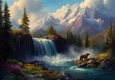 Classical Bear Mountains Waterfall Landscape Oil painting Canvas Print Art Decor - Image 1 of 4