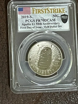 2019-S APOLLO 11 HALF DOLLAR PR70 DCAM FIRST STRIKE MOON LANDING - Image 1 of 2