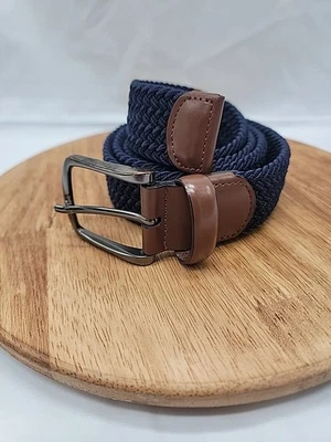 Cinturón trenzado tejido de cuero marrón azul marino talla L Perry Ellis Portfolio para hombre Foto 1 de 4