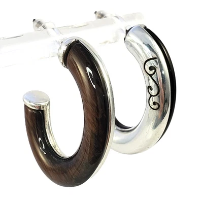 BRIGHTON Oval Half Hoop Earrings Silver Scroll Brown Wood Grain Resin 1 1/16" - Image 1 of 4