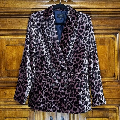 Jaqueta J Crew Blazer Feminina 2 Roxa Preta Leopardo Veludo Peito Duplo Excelente Estado Usado - Imagem 1 de 4