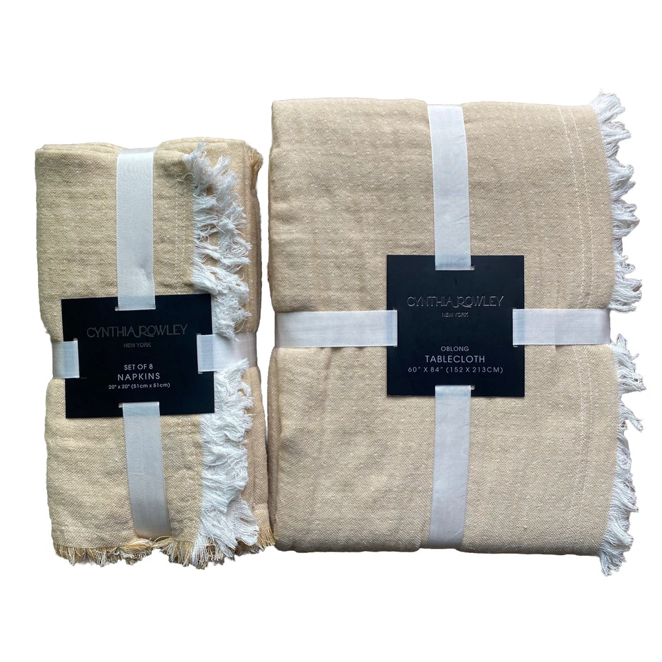New Cynthia Rowley Tablecloth and Napkins Set 60x84” Oblong Beige Cream 9PC Set - Image 1 of 4