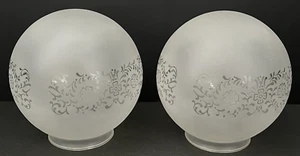Vintage Frosted Floral Etched Glass Light Shades/Globes 6" w/3" Fitter Set of 2 - Picture 1 of 12
