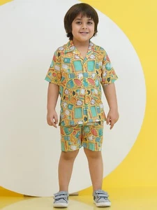 Kids Casual Shirt Yellow Cotton Half Sleeves Funky Print Boys Co-Ords for Boys - Picture 1 of 8