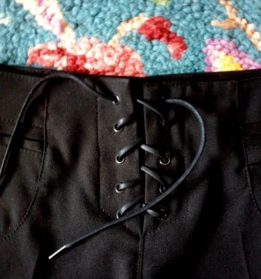 VINTAGE ETAM SPLIT SIDE BELL BOTTOM POLYESTER TROUSERS LACE UP FRONT WAISTLESS - Image 1 of 4