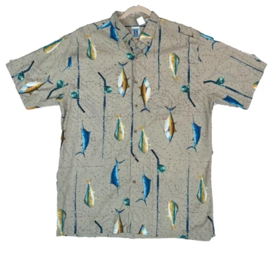 HOOK & TACKLE Fishing Shirt Men's XL Tan Vertical Rod & Reels Gamefish Button Up - Image 1 of 4