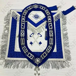 GREMBIULE TESORIERE INSEGNE MASSONICHE BLU CON COLLETTO A CATENA E GIOIELLO-HSE - Foto 1 di 6