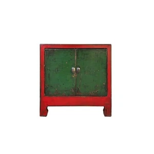 Vintage Distressed Chinese Red Rim Green Doors Side Table Cabinet ws4336 - Picture 1 of 5