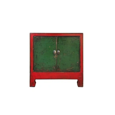 Gabinete de mesa auxiliar vintage chino con borde rojo envejecido puertas verdes ws4336 Foto 1 de 4