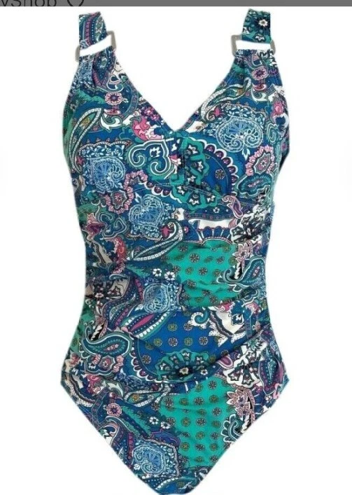 Love your assets bathing suit/ Spanx  patchwork paisley print ruched sides sz XL - Image 1 of 4