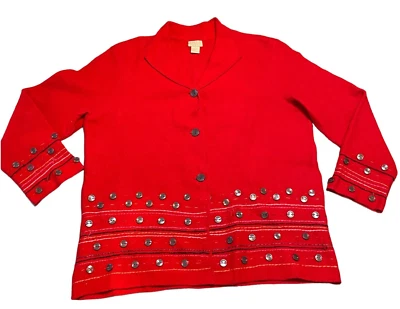 Sigrid Olsen размер средний 100% шерсти красный кардиган свитер вышитая кнопка туника - Изображение 1 из 4