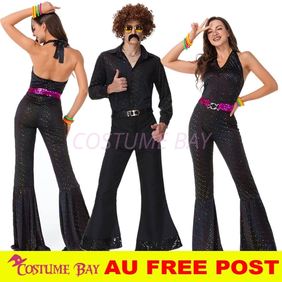 Retro Ladies Mens Dancing Queen 1960s 70s Hippie Blue Disco Groovy Peace Costume - Image 1 of 1