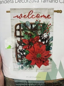 New Evergreen Burlap House Flag Christmas Poinsettia tobacco basket- 28" x 44" - Picture 1 of 5