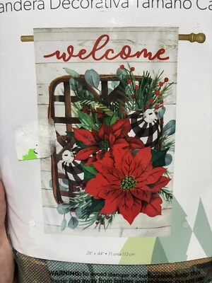 Nuevo Evergreen Arpillera Casa Bandera Navidad Poinsettia Cesta de Tabaco - 28" x 44" Foto 1 de 4
