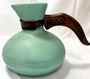 Vintage Pottery Turquoise Blue  Coffee Carafe Wood Handle Mid-Century Haldeman - Picture 1 of 6