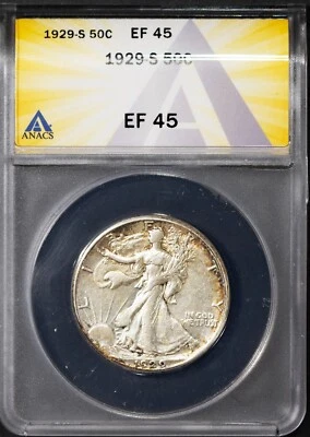 1929-S 50c Silver Walking Liberty Half-dollar EF 45 ANACS # 7625509 + Bonus - Image 1 of 2