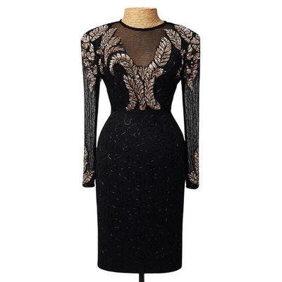 Scala Cocktail Dress Black Gold Embellished Beaded Silk Party Evening Dress PS - Image 1 of 4
