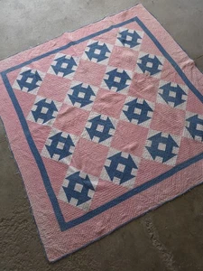 Vintage 1920s 1930s Pink, White & Blue Quilt Handmade Cotton Calico Square 67.5" - Picture 1 of 12