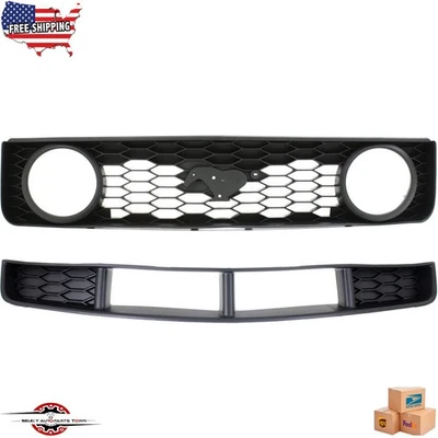 Fits 2005-2009 Ford Mustang GT Front Bumper Lower Upper Grille Black Plastic 2PC Foto 1 de 4