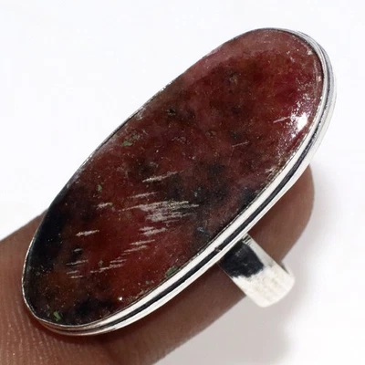 Anillo étnico de rodonita enchapado en plata 925 joyería hecha a mano talla US 8,5 GW Foto 1 de 3