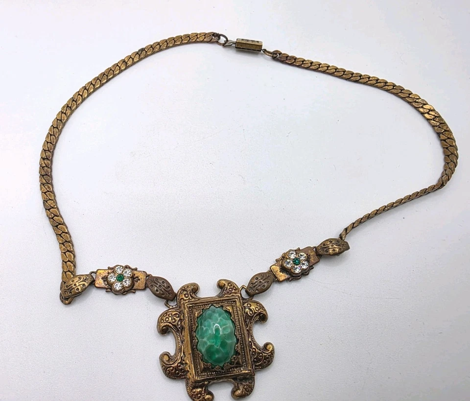 Vintage Art Deco Peking Glass Green Cab W/Crystal & Green Rhinestone Necklace - Image 1 of 4