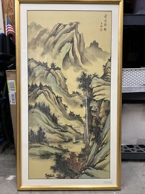 中国古董精美水彩纸风景丝绸绘画签名铭文 — 第 1/4 张图片