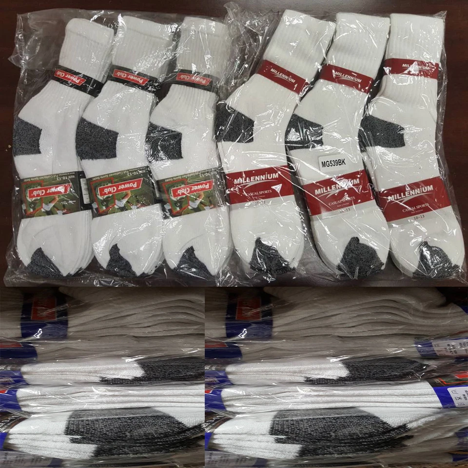 1 Dozen Power Club Crew Socks White With Black Heel and Toe Size 9-11
