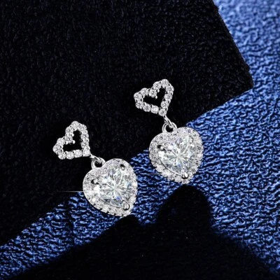 2CTW Heart Cut Moissanite Dangle Drop Earrings Women Gift 925 Sterling Silver - Image 1 of 4