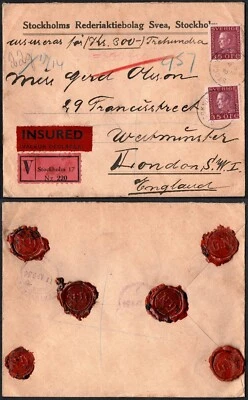 Suecia 1934 Cubierta Asegurada a Londres, 300 Kr Declarada, 70 Öre, Lacres GN Foto 1 de 3