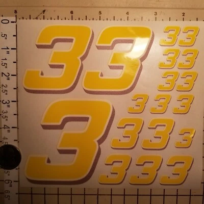 Yellow w/white & lavender  #3's  Racing Numbers Vinyl Decal Sheet 1/10-1/12  - Image 1 of 4