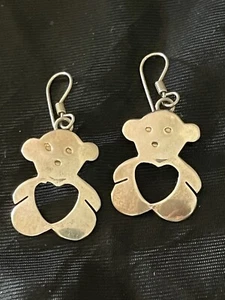 Vintage Teddy Bears Dangle Earrings Open Heart Decor Sterling Silver 925 Mexico - Picture 1 of 6
