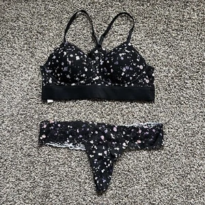 Victoria’s Secret Lace Bralette thong Panty Set Black Watercolor Paint Splatter - Picture 1 of 6