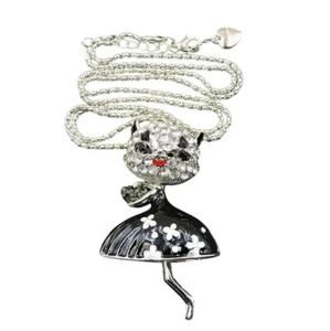 Betsey Johnson Necklace Black & White Crystal & Enamel Cat Pendant Silver Tone - Picture 1 of 2