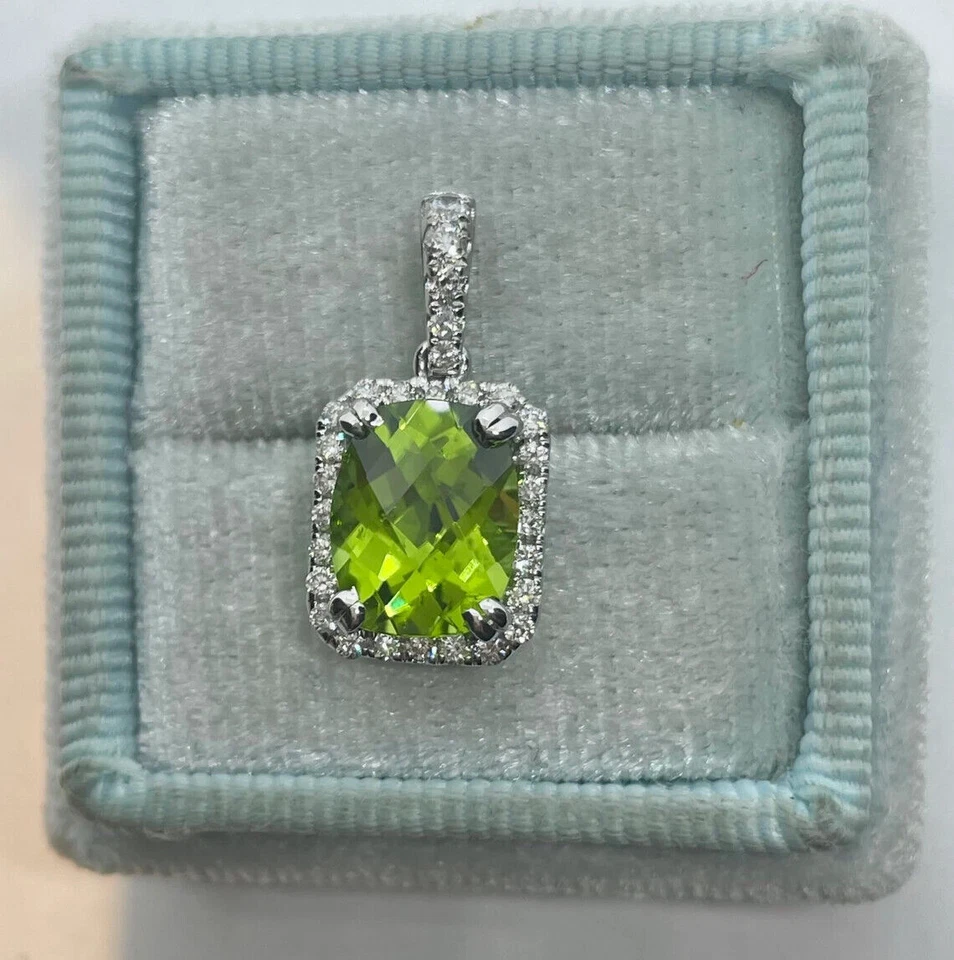 1.50Ct Cushion Cut Simulated Peridot Women's Halo Pendant 14K White Gold Plated - Image 1 of 4