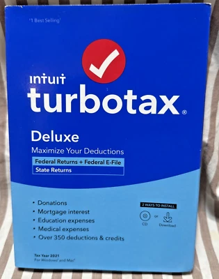 Sealed 2021 TurboTax Deluxe State + Federal CD / Download NEW 2021 Tax Software - Image 1 of 4
