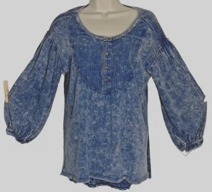 We The Free blau Acid Wash Top Damen Größe M Ballonärmel 1/4 Knopfleiste - Bild 1 von 8