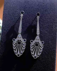 Art Deco Style Set Drop Sapphire & Lab Created Diamond 14k White Gold FN Earring - Picture 1 of 9