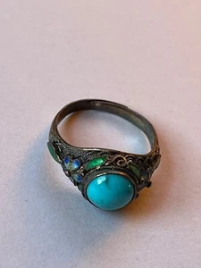 Vintage Asian Export Tapered Silver w Round Robin Egg Blue Cab w Blue Enamel Flo - Picture 1 of 10
