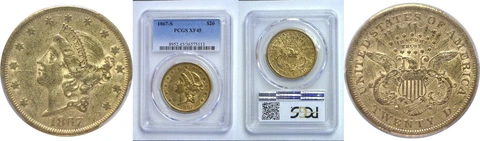 1867-S $20 Gold Coin PCGS XF-45 Cover