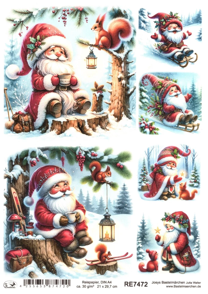 JOSYS BASTELMÄRCHEN Reispapier DIN A4 Strohseide Decoupage Weihnachten Wichtel Eichhörnchen RE7472