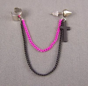 Pink Black CROSS Spike Rivet stud earring ear Cuff 3.5" long chain dangle - Picture 1 of 5