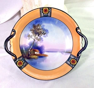 Noritake hand painted "House by the lake." handled pedestal bowl - euc - Picture 1 of 4
