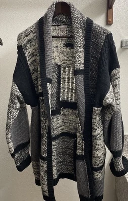 Suéter Cárdigan Abierto J.JILL Negro Gris Blanco Retazos Mezcla Lana Talla Grande Foto 1 de 4